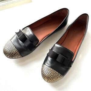 Marc by Marc Jacobs Black Leather Bow Loafers Gold Crackle Toe Flats Size 39.5